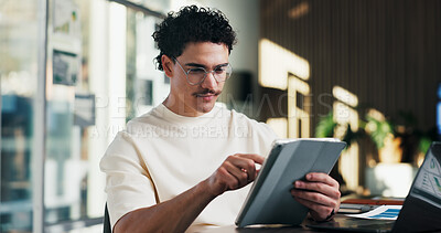 Buy stock photo Admin, reading and man in office with tablet, public relations and career growth or development. Feedback, business person and report with consultant, tech or problem solving for PR campaign planning