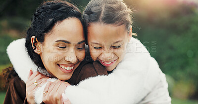 Buy stock photo Smile, nature and child hugging mother in park for bonding, love and family on holiday together. Happy, outdoor and girl kid embracing mom for connection, safety or support on weekend in garden.