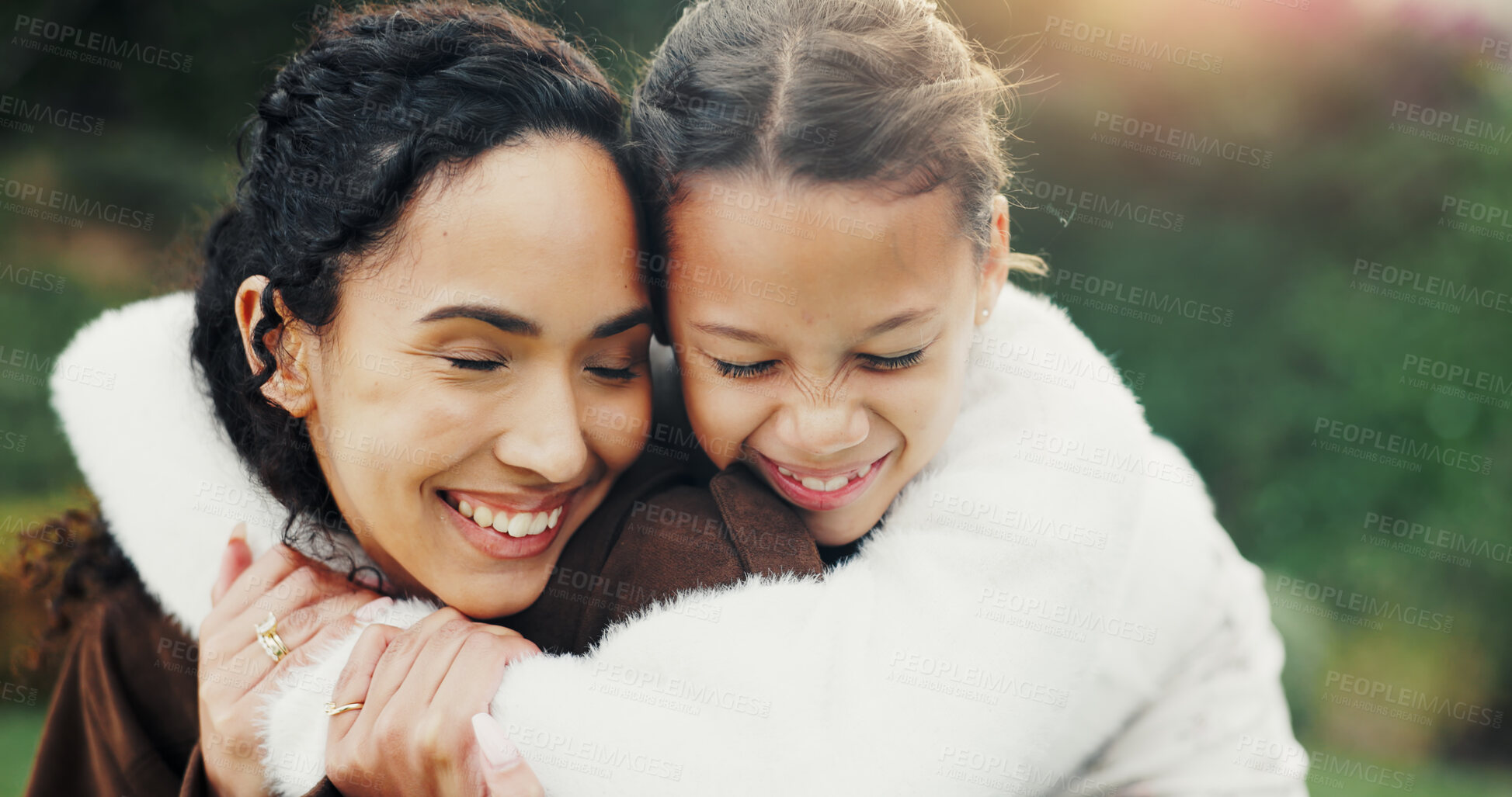 Buy stock photo Smile, nature and child hugging mother in park for bonding, love and family on holiday together. Happy, outdoor and girl kid embracing mom for connection, safety or support on weekend in garden.