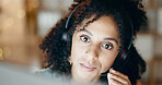 Call center, mic and woman in home office with communication, customer service or night. Virtual assistant, freelancer and tech for telemarketing, contact us and working late as online support