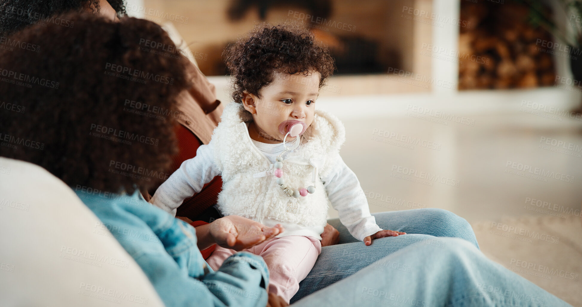 Buy stock photo Relax, children and mother with baby on couch, siblings bonding and care for relationship development. Love, support and woman with girls for family time, connection and playing together in home