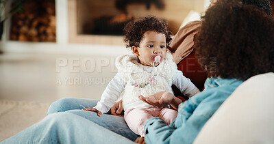 Buy stock photo Relax, children and mother with baby on sofa, siblings bonding and care for relationship development. Love, support and woman with girls for family time, connection and playing together in home