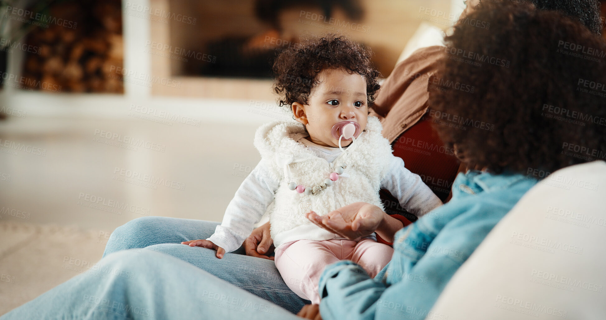 Buy stock photo Relax, children and mother with baby on sofa, siblings bonding and care for relationship development. Love, support and woman with girls for family time, connection and playing together in home