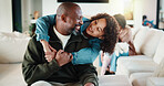 Love, dad or daughter in house with hug, fatherhood or bonding together with childcare. Smile, child or African family in home with embrace, parent connection or happy moment in healthy relationship.