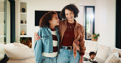 Buy stock photo Love, mom or child in home with hug, childcare or bonding together on weekend break. Smile, portrait or African family with embrace, parent connection or happy moment in healthy relationship.