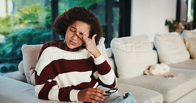 Buy stock photo Crying, child and sadness on couch, home and girl with low self esteem from bullying or bad memories. Emotional, tears and kid with depression, heartbroken and thinking of trauma and mental health