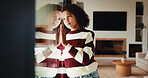 Girl, child and window with stress in home for mental health, doubt or regret for punishment. Sad, grounded kid or person with depression, glass or reflection for anxiety or loneliness in house