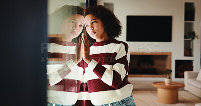 Buy stock photo Girl, child and window with stress in home for mental health, doubt or regret for punishment. Sad, grounded kid or person with depression, glass or reflection for anxiety or loneliness in house