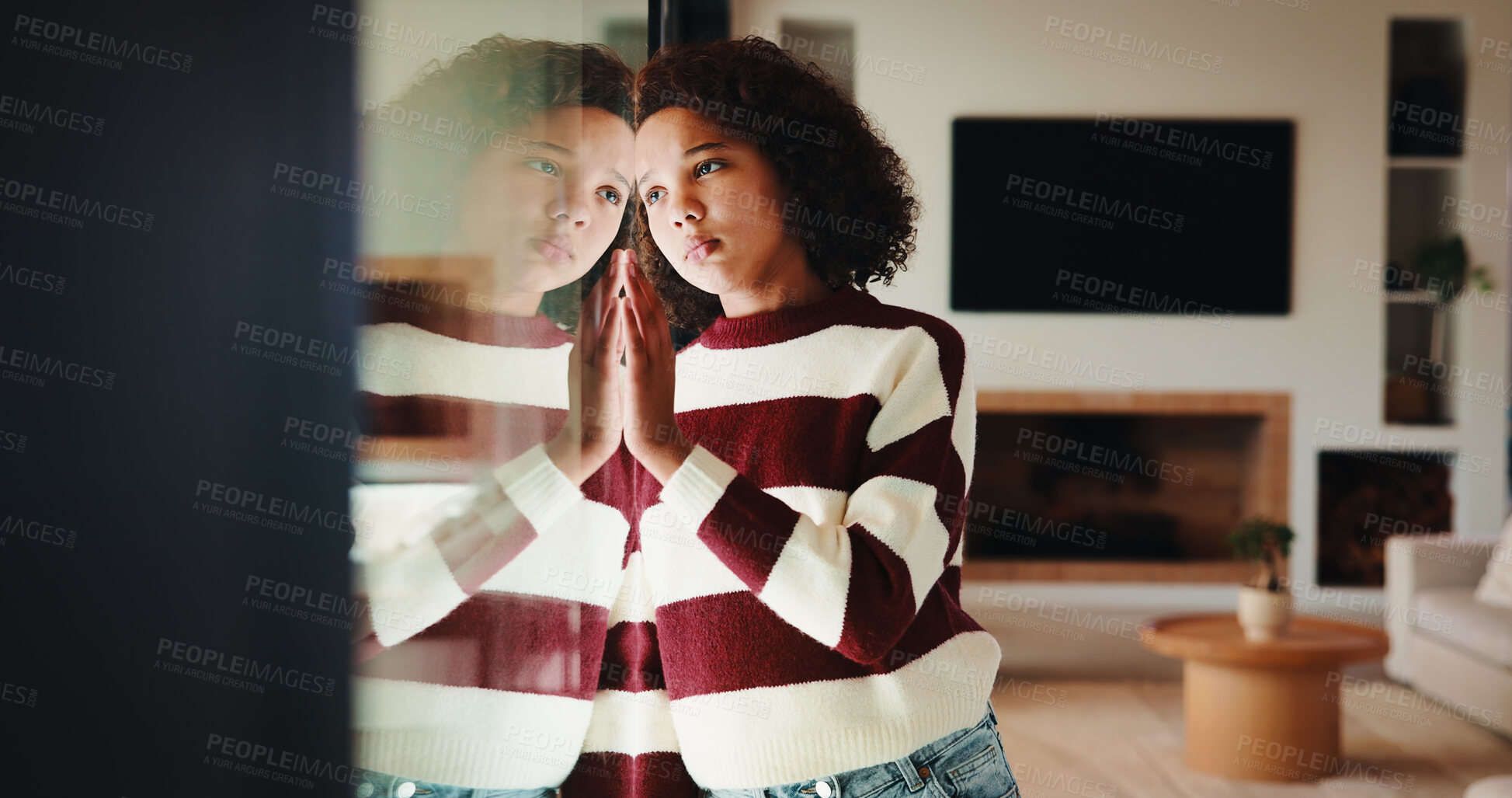 Buy stock photo Girl, child and window with stress in home for mental health, doubt or regret for punishment. Sad, grounded kid or person with depression, glass or reflection for anxiety or loneliness in house