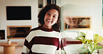 Portrait, smile and kid by window in family home with good mood, childhood and preteen. Happiness, glass reflection and girl child in living room with positive attitude, relax and break at house