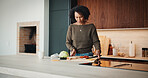 Healthy, woman and meal prep in kitchen with ingredients, cutting board or vegetarian diet for wellness. Mature, female person and food in house with nutrition, bread or vegetables for lunch sandwich