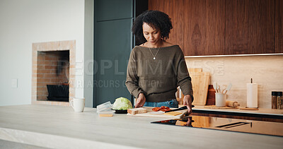 Buy stock photo Healthy, woman and meal prep in kitchen with ingredients, cutting board or vegetarian diet for wellness. Mature, female person and food in house with nutrition, bread or vegetables for lunch sandwich