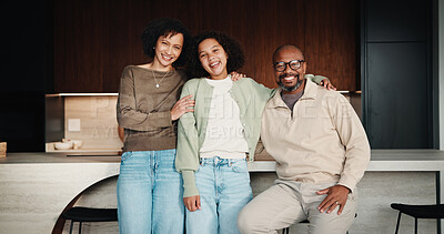 Buy stock photo Happy, portrait and parents with child in home, love and bonding with girl on weekend or connection. Family, embrace and African people with daughter, mother and dad with support for kid in house