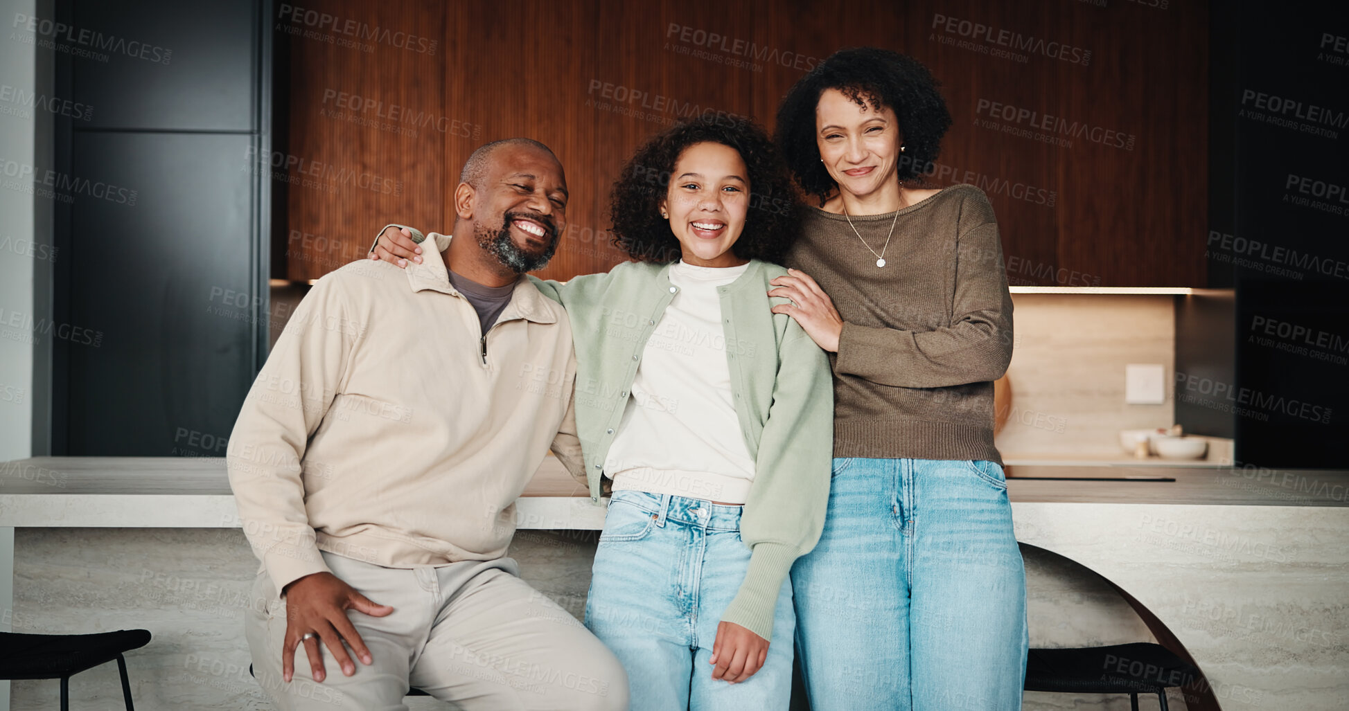 Buy stock photo Portrait, hug and parents with child in home, happy and bonding with girl on weekend and connection. Family, embrace and African people with daughter, mother and dad with support for kid in kitchen