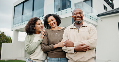 Buy stock photo Family, parent and child by new house with hug, solidarity and support with property investment. Residence, real estate and mom, dad and kid for relationship with growth, unity or home front portrait