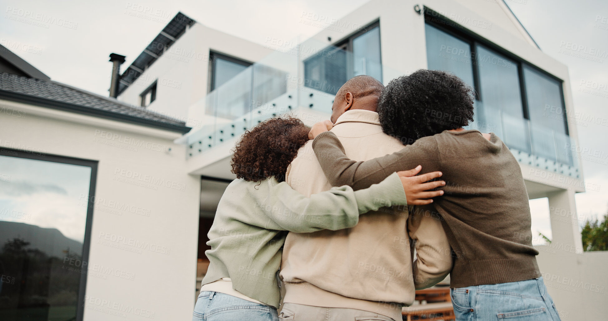 Buy stock photo Family, parents and kid by new house with hug, solidarity and support with property investment. Residence, real estate and mom, dad and child for relationship with growth, unity and back view by home