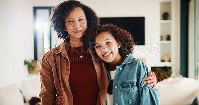 Buy stock photo Love, mother or girl in lounge with portrait, parent hug or bonding together on weekend break. Smile, flare or African family in house with embrace, connection or happy moment in healthy relationship