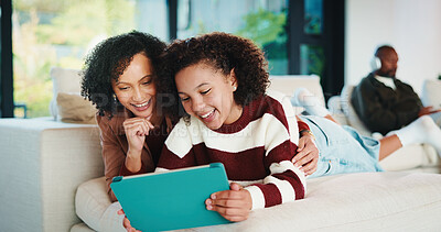 Buy stock photo Laughing, learning and tablet with family in home living room together for bonding or research. App, education and funny with parent of girl child in apartment for development, growth or schooling