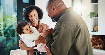 Buy stock photo Happy, parents and playing with baby in home, laugh and bonding with girl on weekend and connection. African people, mom and dad with daughter, smile and game for child development or fun in lounge