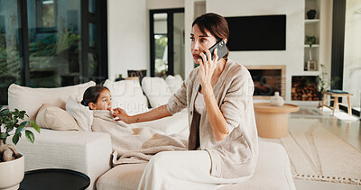 Buy stock photo Phone call, mom or child in house with thermometer, telehealth advice or concern in fever check. Worry, sick or family on sofa with tech, online consultation or illness assessment with temperature.