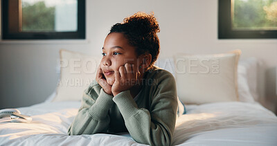 Buy stock photo Comfortable, relax and thinking with child on bed in home for contemplation or reflection. Future, idea and vision with thoughtful teen girl in bedroom of apartment for inspiration or optimism