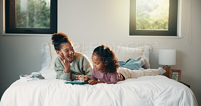 Buy stock photo Gesture, smile and tablet with children on bed in home together for playing games or streaming. App, bonding and excited with sister kids in bedroom of apartment for development, growth or support