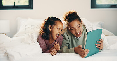 Buy stock photo Funny face, selfie and tablet with children on bed in home together for bonding or social media post. Goofy, relax and silly with sister kids in bedroom of apartment for memories or photograph