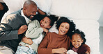 Relax, cuddle and parents with children in bed, laughing and support for relationship development. Portrait, African family and happy people with girls for connection, bonding and security in home