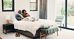 Relax, reading or couple with phone in bed for support, show post or watch video for weekend bonding. Smile, social media and mature African people with mobile in home, website or blog for connection
