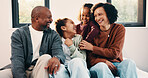 Parents, play and laughing with kids in bedroom for fun, holiday break and bonding together. Smile, people and tickle children for excitement, weekend activity and parenthood with funny games in home