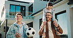 Soccer, happy and father with children outdoor for bonding, support and teaching game. Football, connection and weekend break with man and kids in backyard of family home for growth, fun and care
