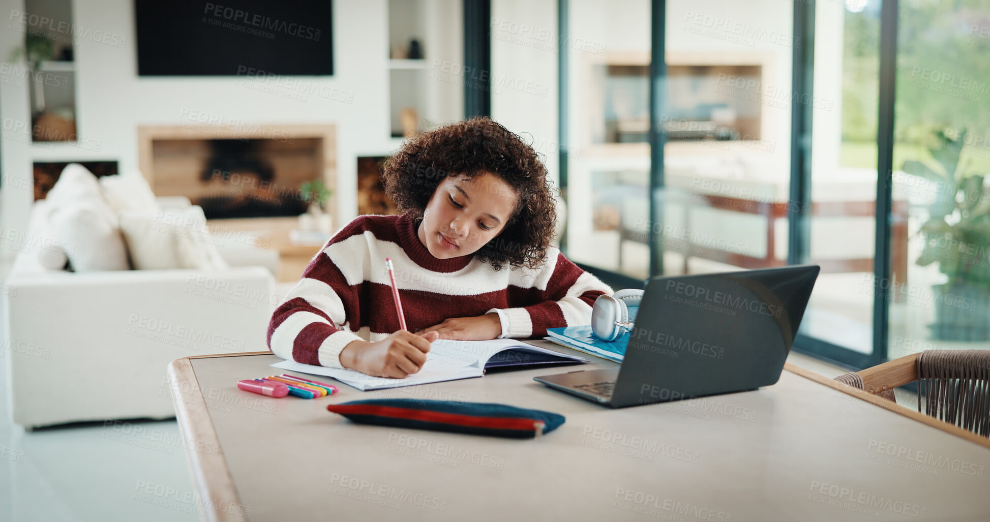Buy stock photo Laptop, elearning and child with homework in house for online class with studying for education. Writing, technology and girl student with computer for virtual lesson with notes or quiz in apartment.