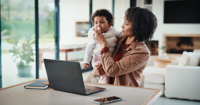 Buy stock photo Mom, childcare and remote work with laptop in home, multitasking and adjusting pacifier for daughter. Entrepreneur, distraction and woman with baby in living room, comforting and soothing child
