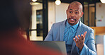 Businessman, lawyer and night with laptop in office for client advice, discussion or negotiation. Man, attorney or talking with partner on computer in late evening for legal matter or court deadline