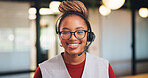 Happy, consultant and portrait with black woman in office for online advice or telecommunications. Female person, agent or smile with headset for virtual assistance, support or help in call center