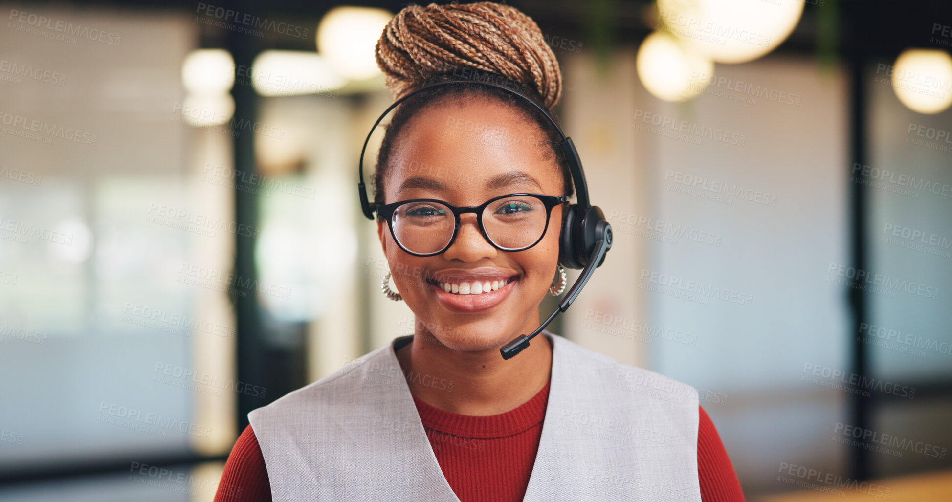 Buy stock photo Happy, consultant and portrait with black woman in office for online advice or telecommunications. Female person, agent or smile with headset for virtual assistance, support or help in call center