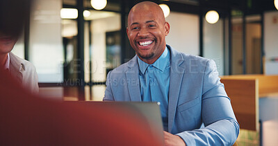 Buy stock photo Meeting, smile and planning with business man in office for financial advisor, broker and research. Laptop report, investment trader and workshop with employees in agency for collaboration and growth