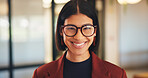 Smile, glasses and portrait of business woman in office for magazine editor, about us and pride. Confidence, publishing agent and startup with employee in agency for entrepreneur and career growth