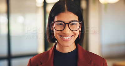 Buy stock photo Smile, glasses and portrait of business woman in office for magazine editor, about us and pride. Confidence, publishing agent and startup with employee in agency for entrepreneur and career growth