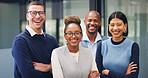 Arms crossed, portrait and smile with business people in office for diversity, financial advisor and pride. About us, account manager and confidence with employees in agency for support and team
