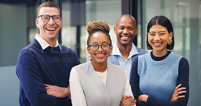Buy stock photo Arms crossed, portrait and smile with business people in office for diversity, financial advisor and pride. About us, account manager and confidence with employees in agency for support and team
