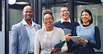 Happy, portrait and business people laughing in office for humor, comedy or about us. Excited, group or employees with tablet, smile or funny joke for friendly work environment or unity in workplace