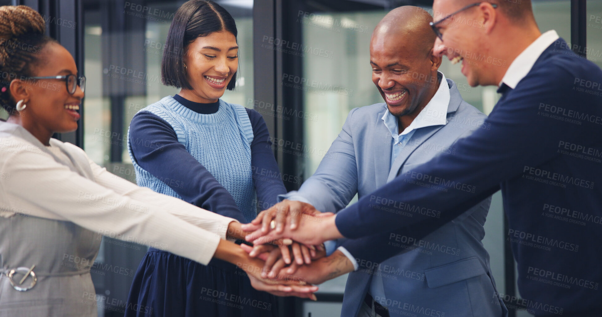 Buy stock photo Happy, meeting or business people with hands together in office for unity, collaboration or teamwork. Excited, group or employees piling with smile or stack for inclusion, mission or solidarity