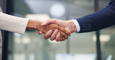 Buy stock photo Meeting, office and handshake with business people for partnership, deal or agreement together. Employees, colleagues or shaking hands with b2b for teamwork, greeting or introduction in workplace