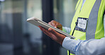 Man, hands and technician with tablet in office for building maintenance or technical checklist. Male person, engineer or contractor monitoring with technology for workplace safety or security check