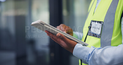 Buy stock photo Man, hands and technician with tablet in office for building maintenance or technical checklist. Male person, engineer or contractor monitoring with technology for workplace safety or security check