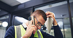Issue, ppe or contractor in office with phone call, delivery delay or material shortage in supplier chat. Frustration, man or engineer with tablet, client complaint or vendor error in workplace.