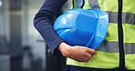 Engineer, hand and helmet outdoor for safety protocol, building project or maintenance inspection. Person, PPE or hard hat at work for protection, civil engineering gear or equipment for construction