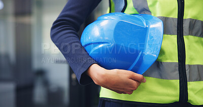 Buy stock photo Engineer, hand and helmet outdoor for safety protocol, building project or maintenance inspection. Person, PPE or hard hat at work for protection, civil engineering gear or equipment for construction