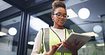 Technician, research and black woman with tablet in office for security, maintenance or compliance. Female person, engineer or contractor monitoring safety regulations with technology for assurance